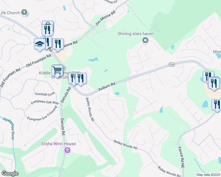 map of restaurants, bars, coffee shops, grocery stores, and more near 991 Charles Hall Drive in Dacula