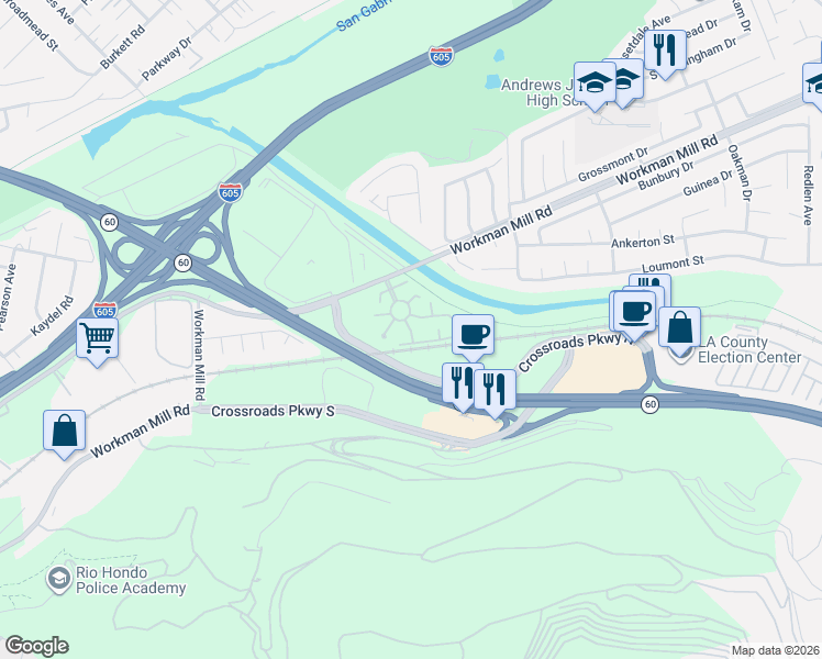 map of restaurants, bars, coffee shops, grocery stores, and more near 13045 Thoroughbred Way in Whittier