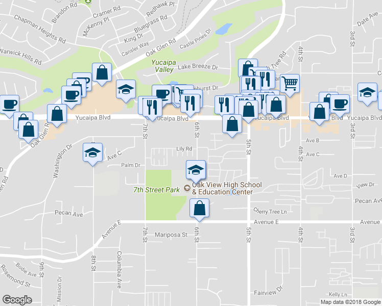 map of restaurants, bars, coffee shops, grocery stores, and more near 34083 Lily Road in Yucaipa