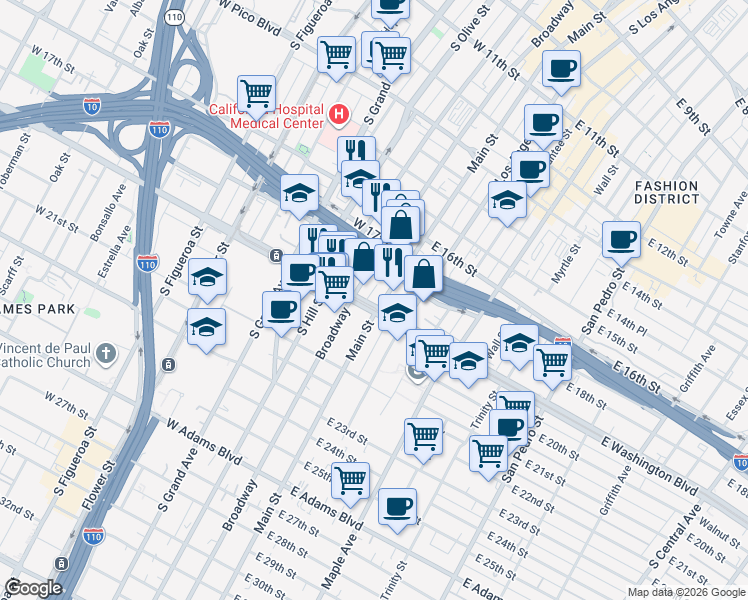 map of restaurants, bars, coffee shops, grocery stores, and more near 1833 South Main Street in Los Angeles
