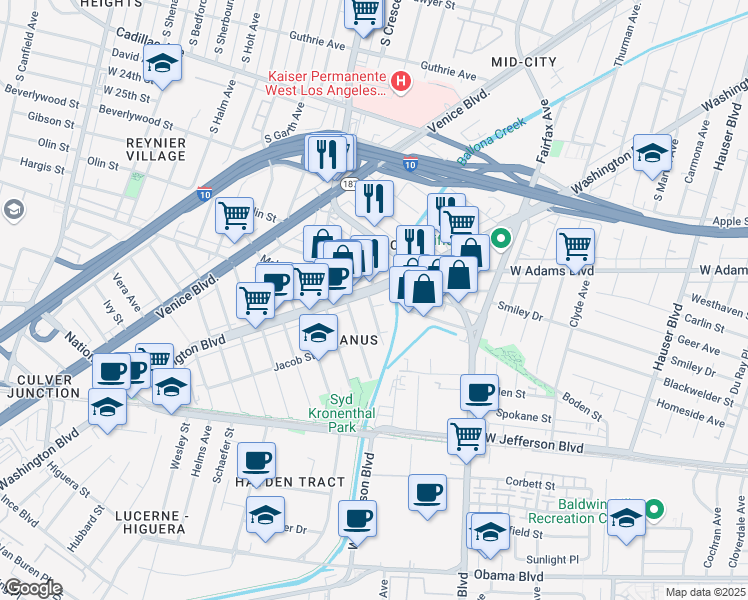 map of restaurants, bars, coffee shops, grocery stores, and more near 5963 Washington Boulevard in Culver City