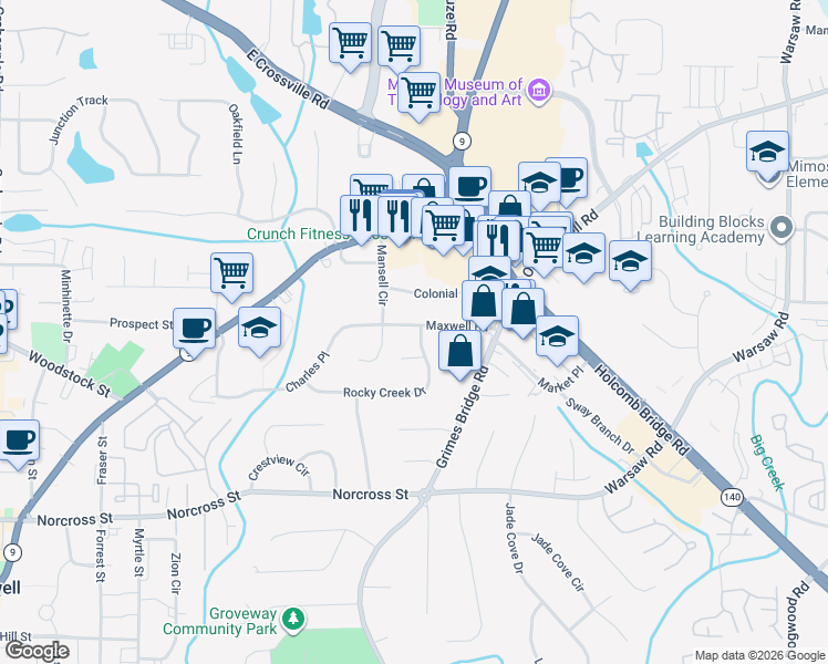 map of restaurants, bars, coffee shops, grocery stores, and more near 484 Maxwell Road in Roswell