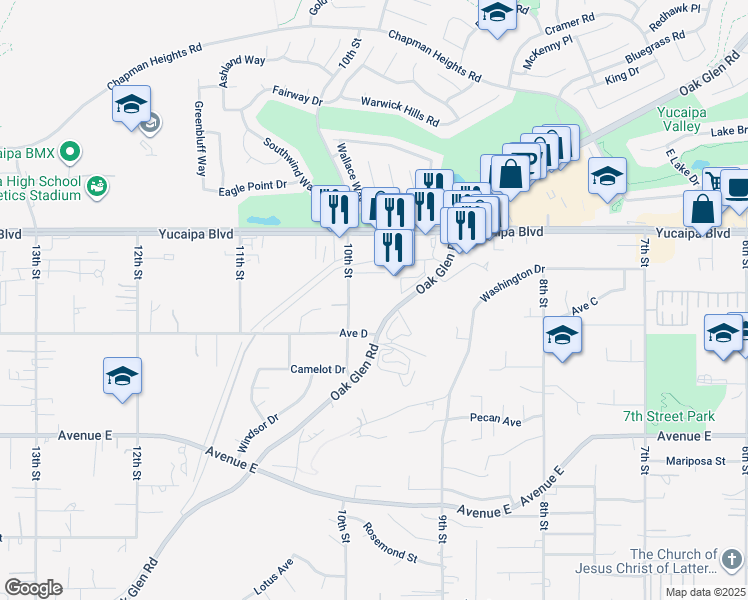 map of restaurants, bars, coffee shops, grocery stores, and more near 33398 Oak Glen Road in Yucaipa