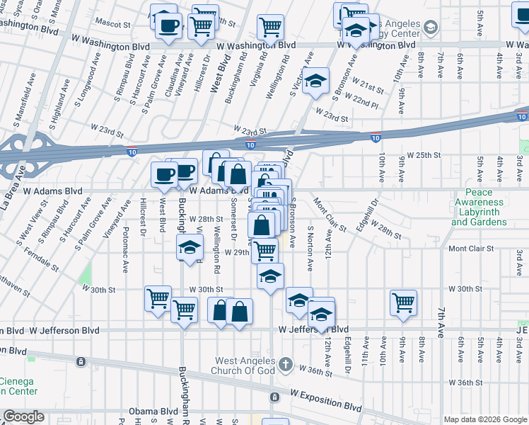 map of restaurants, bars, coffee shops, grocery stores, and more near in Los Angeles
