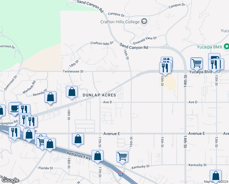 map of restaurants, bars, coffee shops, grocery stores, and more near 31989 Yucaipa Boulevard in Yucaipa