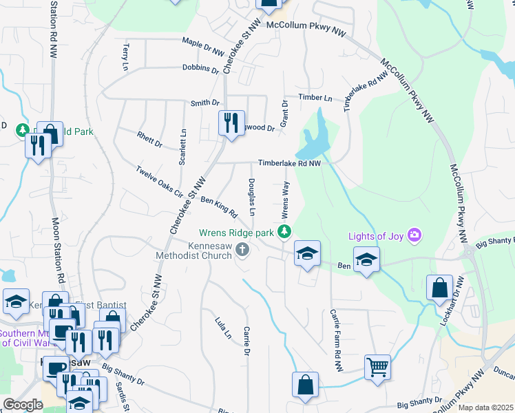 map of restaurants, bars, coffee shops, grocery stores, and more near 3214 Douglas Lane in Kennesaw