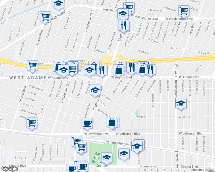 map of restaurants, bars, coffee shops, grocery stores, and more near 2645 South Longwood Avenue in Los Angeles