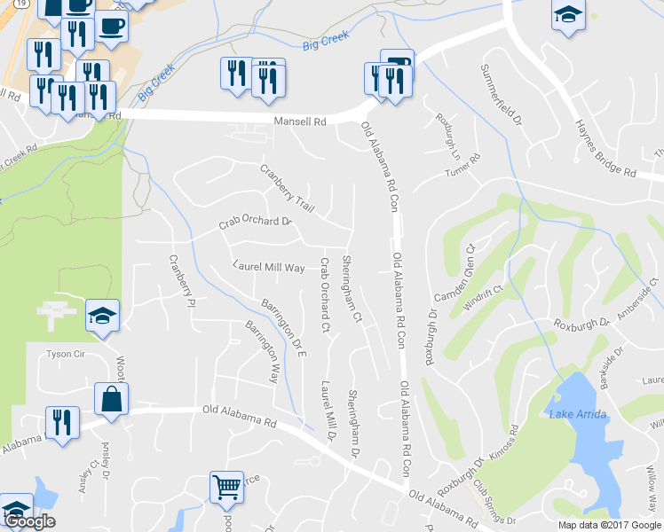 map of restaurants, bars, coffee shops, grocery stores, and more near 725 Crab Orchard Court in Roswell