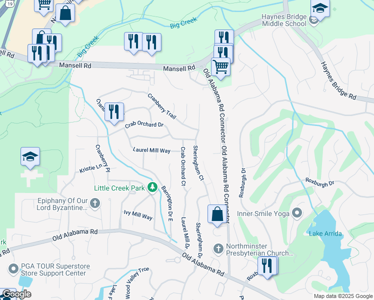 map of restaurants, bars, coffee shops, grocery stores, and more near 650 Crab Orchard Drive in Roswell