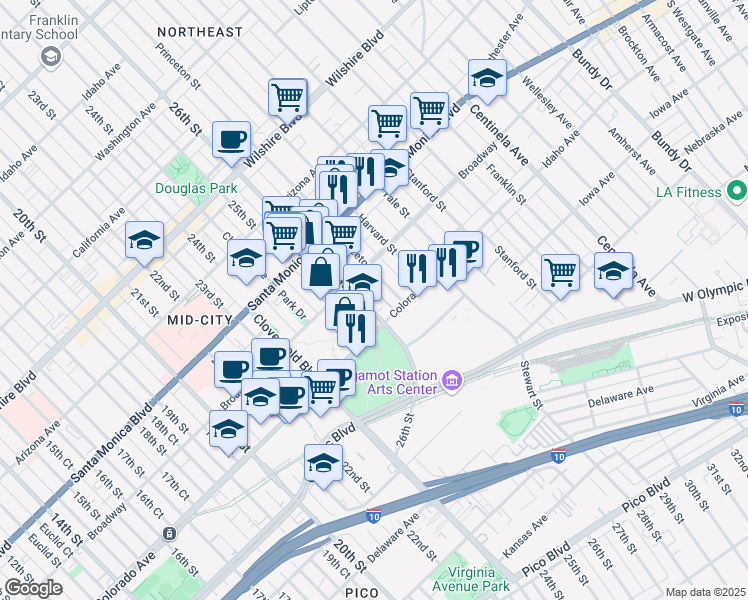 map of restaurants, bars, coffee shops, grocery stores, and more near 1524 Princeton Street in Santa Monica