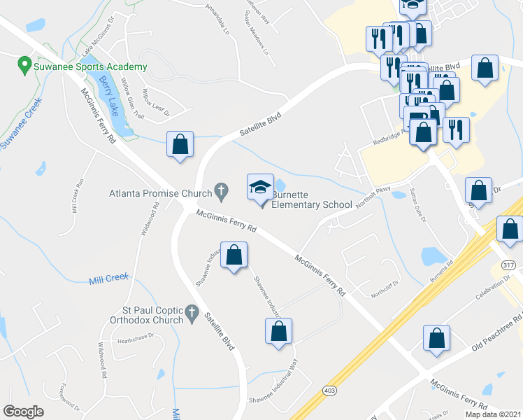 map of restaurants, bars, coffee shops, grocery stores, and more near 3221 McGinnis Ferry Road in Suwanee