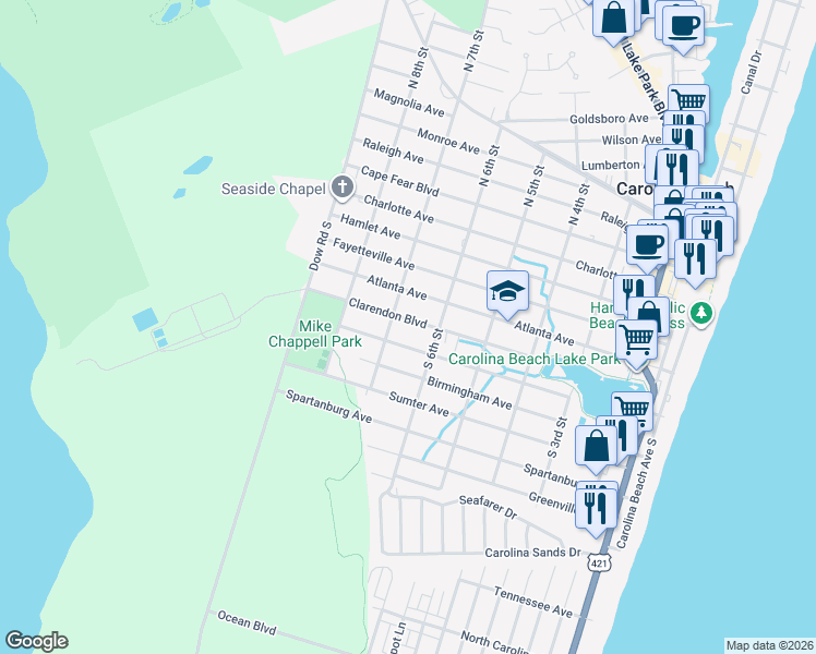 map of restaurants, bars, coffee shops, grocery stores, and more near 612 Clarendon Blvd in Carolina Beach