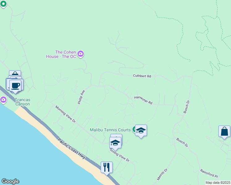 map of restaurants, bars, coffee shops, grocery stores, and more near 30060 Harvester Road in Malibu