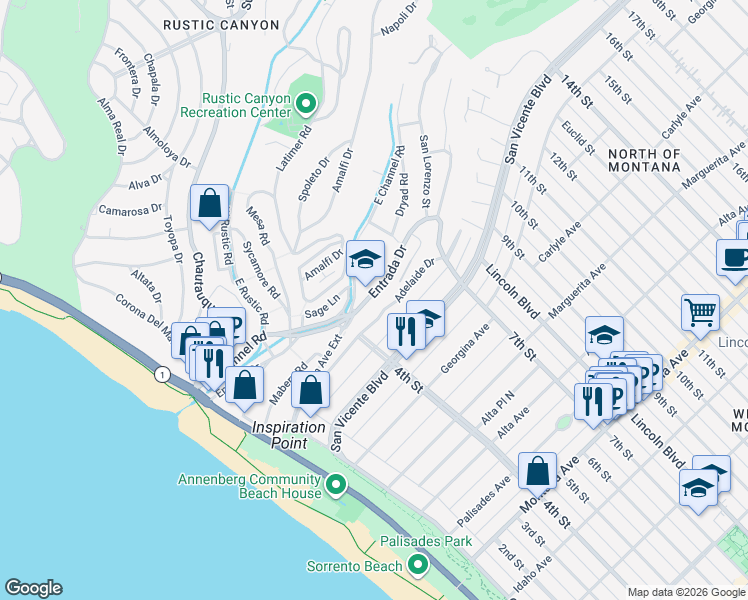 map of restaurants, bars, coffee shops, grocery stores, and more near 426 Entrada Drive in Santa Monica