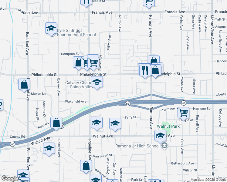map of restaurants, bars, coffee shops, grocery stores, and more near 4258 Wintress Drive in Chino