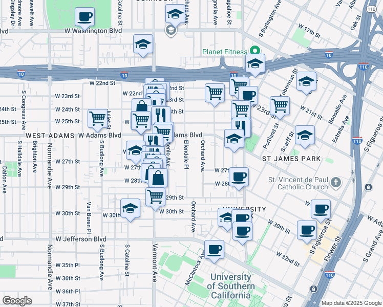 map of restaurants, bars, coffee shops, grocery stores, and more near 2642 Ellendale Place in Los Angeles