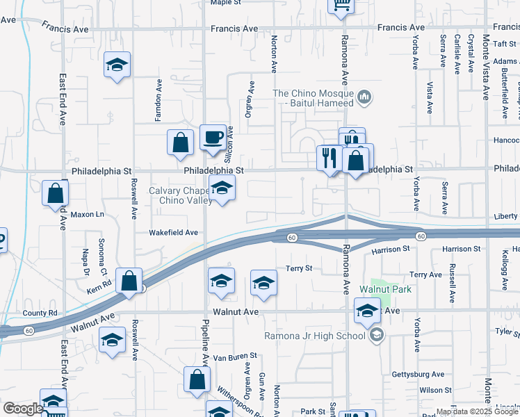 map of restaurants, bars, coffee shops, grocery stores, and more near 4258 Wintress Drive in Chino