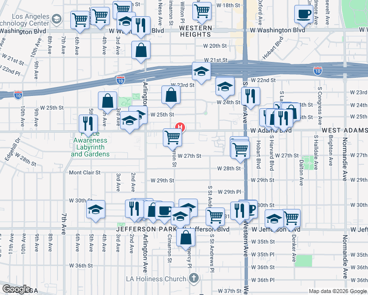 map of restaurants, bars, coffee shops, grocery stores, and more near 2171 West 26th Place in Los Angeles
