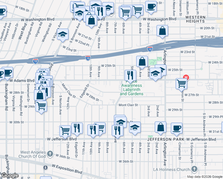 map of restaurants, bars, coffee shops, grocery stores, and more near 3741 West 27th Street in Los Angeles