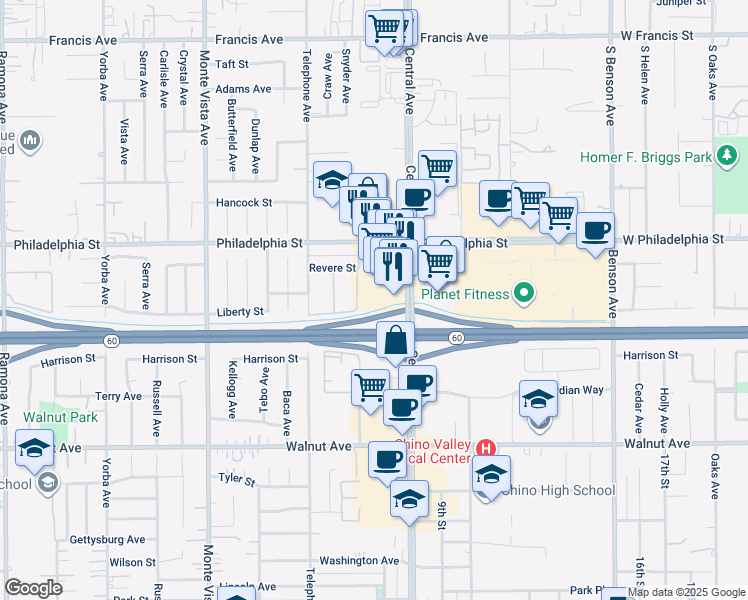 map of restaurants, bars, coffee shops, grocery stores, and more near 12266 Central Avenue in Chino