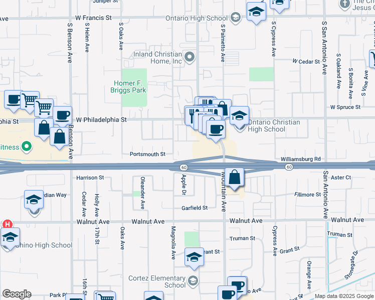 map of restaurants, bars, coffee shops, grocery stores, and more near 2321 South Magnolia Avenue in Ontario