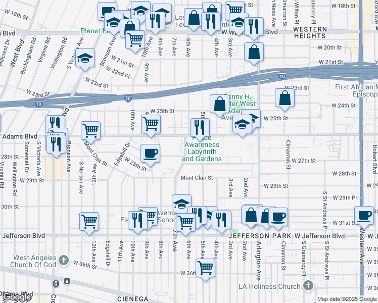 map of restaurants, bars, coffee shops, grocery stores, and more near 2640 7th Avenue in Los Angeles