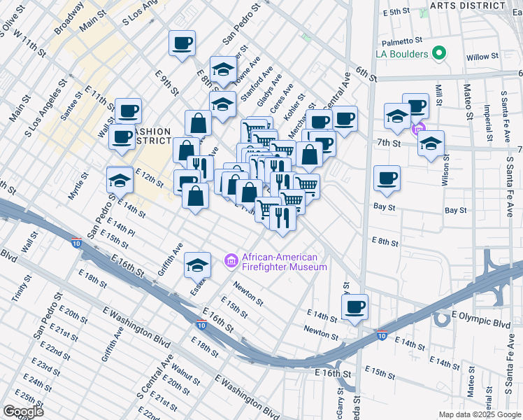 map of restaurants, bars, coffee shops, grocery stores, and more near 915 South Central Avenue in Los Angeles