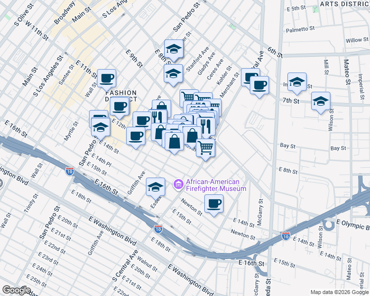 map of restaurants, bars, coffee shops, grocery stores, and more near 1115 East 11th Street in Los Angeles