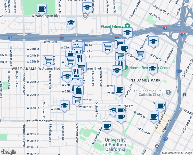 map of restaurants, bars, coffee shops, grocery stores, and more near 2642 Ellendale Place in Los Angeles
