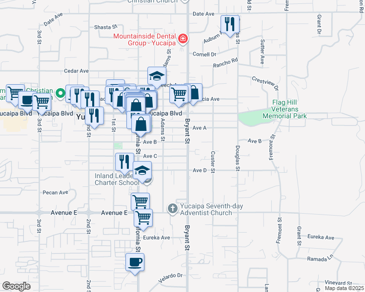 map of restaurants, bars, coffee shops, grocery stores, and more near 35279 Avenue B in Yucaipa