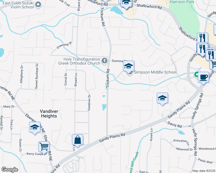 map of restaurants, bars, coffee shops, grocery stores, and more near 3335 Trickum Rd in Marietta