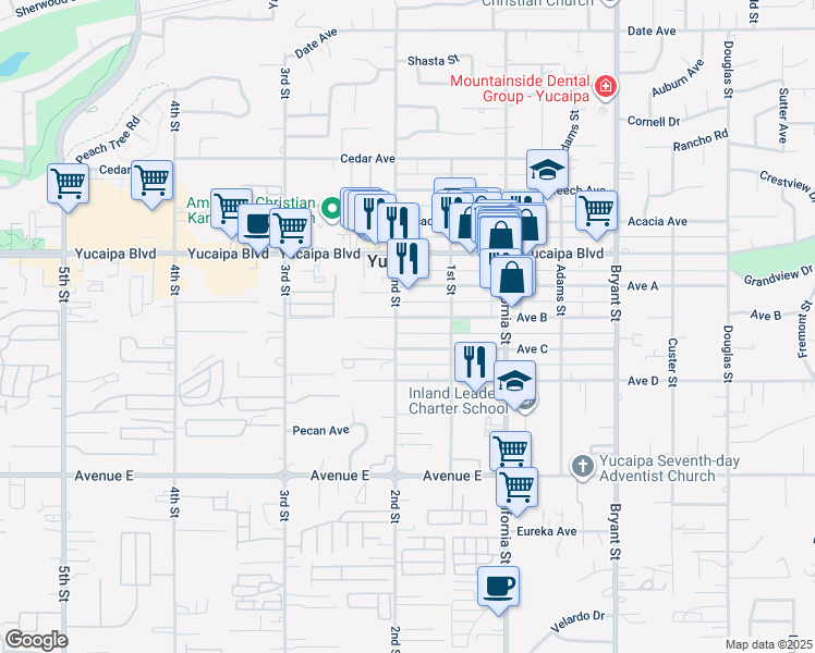 map of restaurants, bars, coffee shops, grocery stores, and more near 34956 Avenue B in Yucaipa