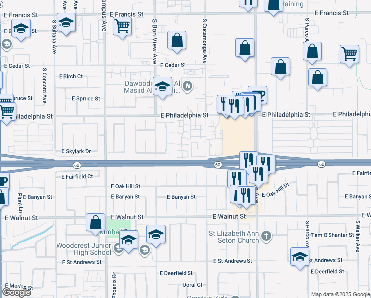 map of restaurants, bars, coffee shops, grocery stores, and more near 2319 South Greenwood Place in Ontario