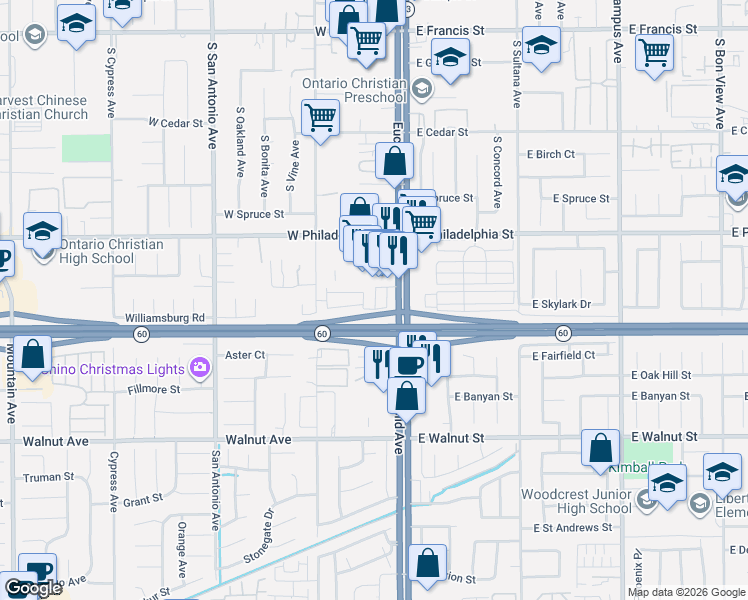 map of restaurants, bars, coffee shops, grocery stores, and more near 2250 South Euclid Avenue in Ontario