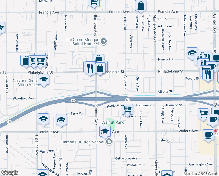 map of restaurants, bars, coffee shops, grocery stores, and more near 12175 Ramona Avenue in Chino