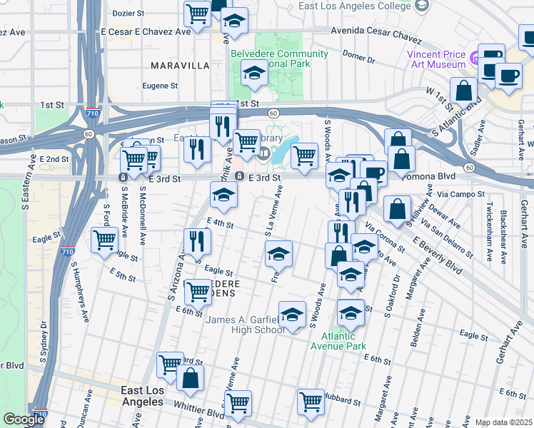 map of restaurants, bars, coffee shops, grocery stores, and more near 4924 Gratian Street in East Los Angeles