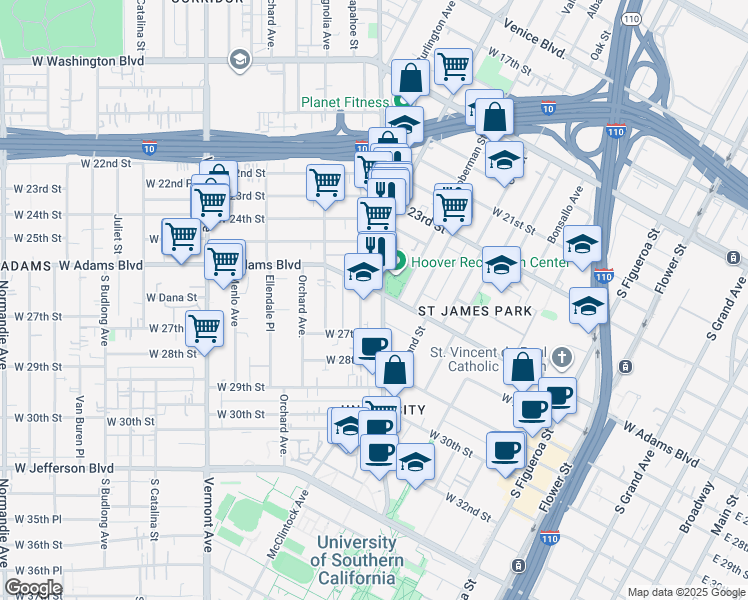 map of restaurants, bars, coffee shops, grocery stores, and more near 2595 South Hoover Street in Los Angeles