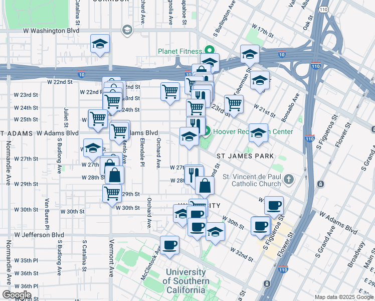 map of restaurants, bars, coffee shops, grocery stores, and more near 1158 West Adams Boulevard in Los Angeles