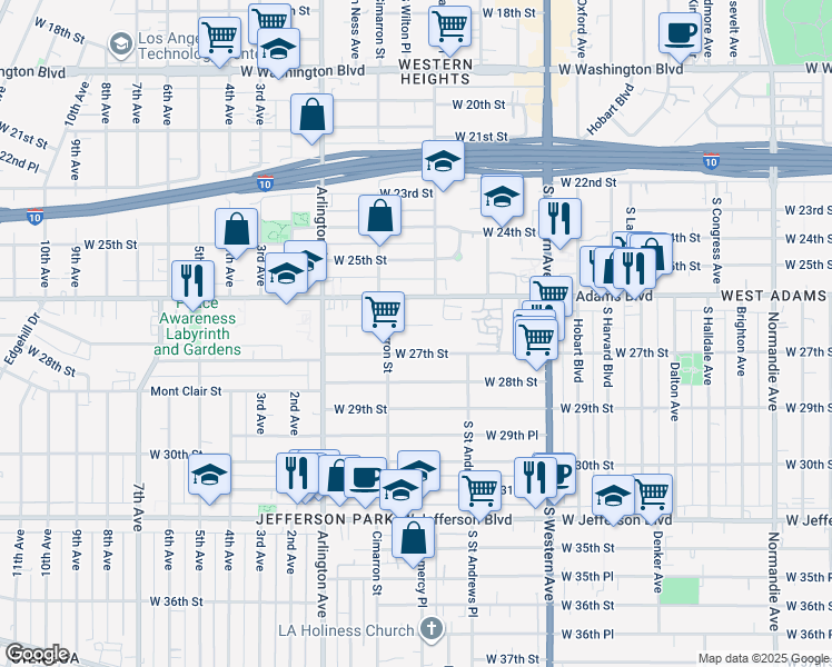 map of restaurants, bars, coffee shops, grocery stores, and more near 2171 West 26th Place in Los Angeles