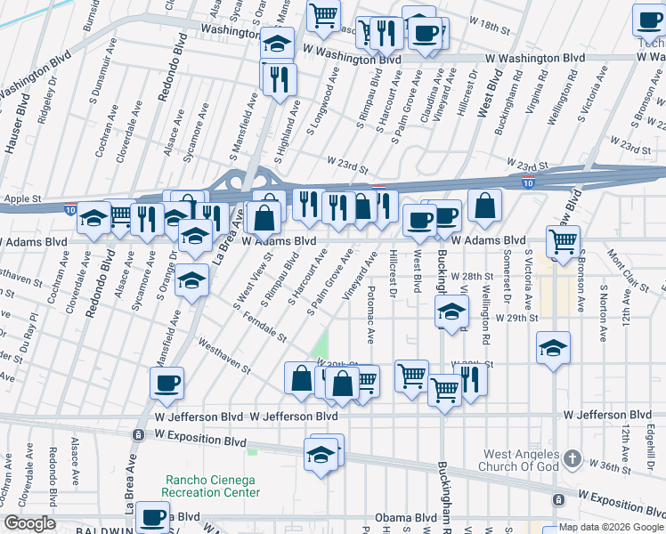 map of restaurants, bars, coffee shops, grocery stores, and more near in Los Angeles