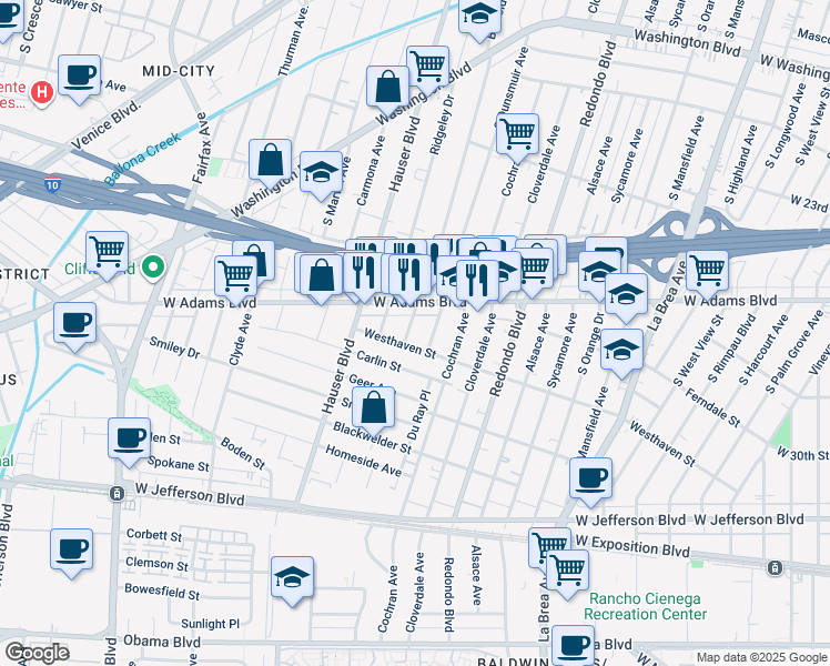 map of restaurants, bars, coffee shops, grocery stores, and more near 2616 South Burnside Avenue in Los Angeles