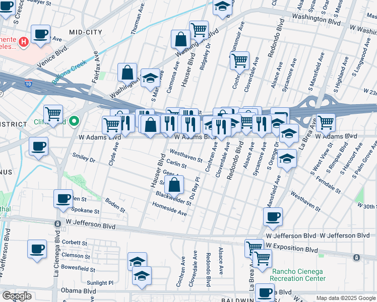 map of restaurants, bars, coffee shops, grocery stores, and more near 2616 South Burnside Avenue in Los Angeles