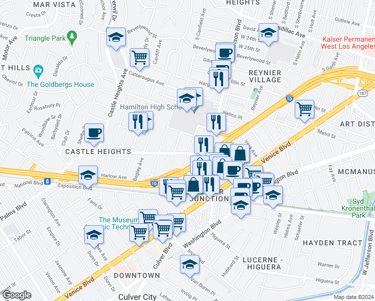 map of restaurants, bars, coffee shops, grocery stores, and more near 9101 National Boulevard in Los Angeles