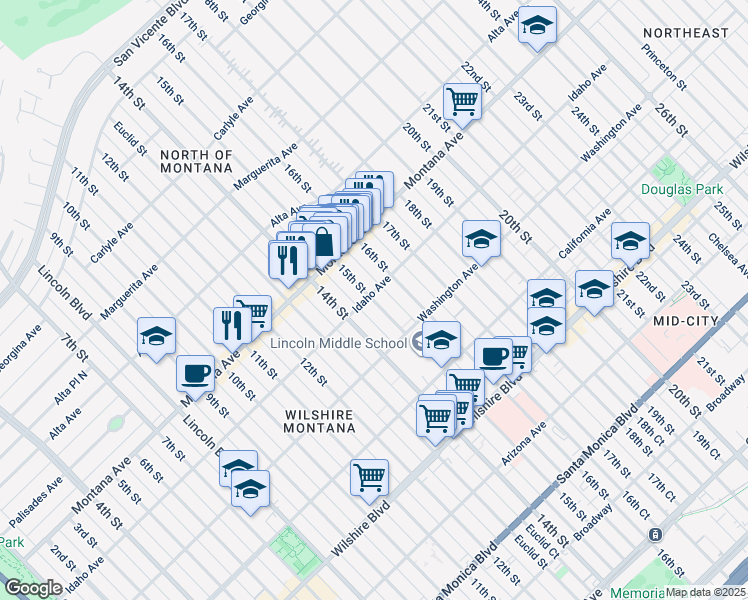 map of restaurants, bars, coffee shops, grocery stores, and more near 1505 Idaho Avenue in Santa Monica
