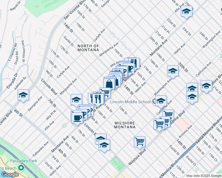 map of restaurants, bars, coffee shops, grocery stores, and more near 714 Euclid Street in Santa Monica