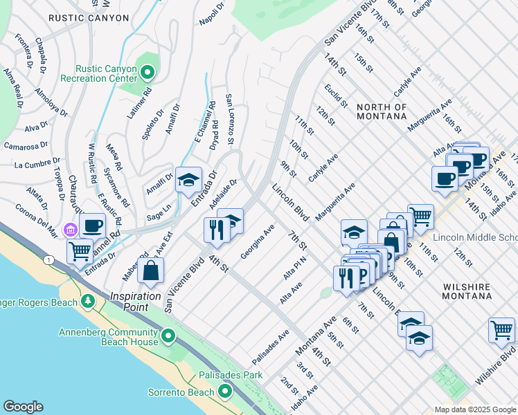 map of restaurants, bars, coffee shops, grocery stores, and more near 700 San Vicente Boulevard in Santa Monica