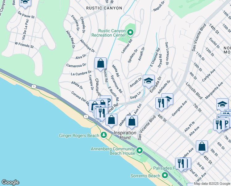 map of restaurants, bars, coffee shops, grocery stores, and more near 369 Sycamore Road in Santa Monica