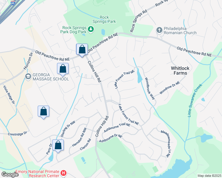 map of restaurants, bars, coffee shops, grocery stores, and more near 2678 Lake Forest Trail Northeast in Lawrenceville