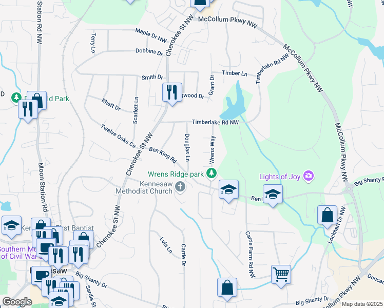 map of restaurants, bars, coffee shops, grocery stores, and more near 3214 Douglas Lane in Kennesaw