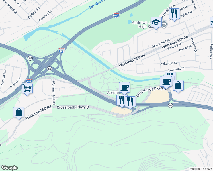 map of restaurants, bars, coffee shops, grocery stores, and more near 1847 Whittier Woods Drive in Whittier